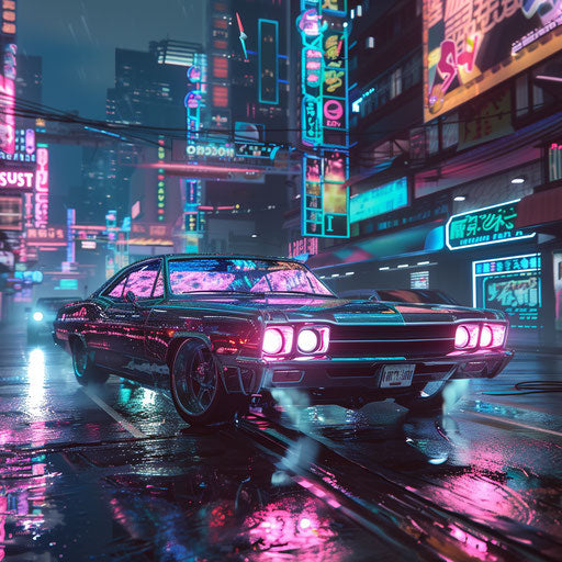 1967 Chevy Bel Air in cyberpunk style driving through a futuristic city