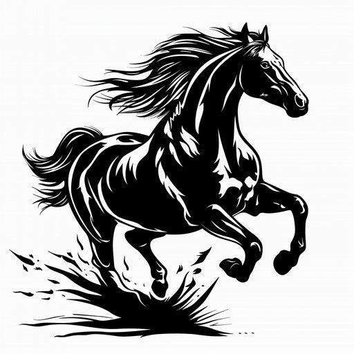 Galloping horse silhouette, flat tattoo style, black and white