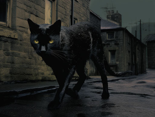 Black feline crossing road near stone buildings