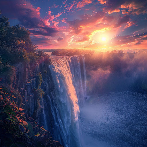Powerful waterfall with mist and vibrant sunset