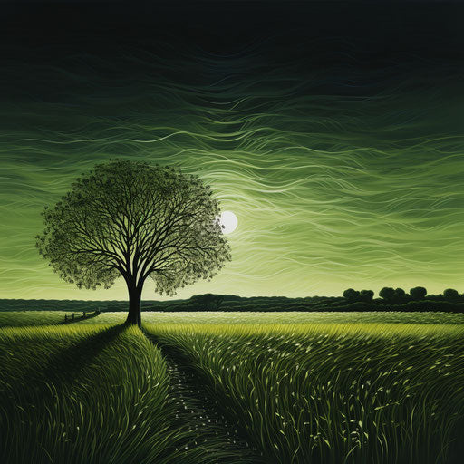 Green field in the dark with tree, fusion of eastern and western styles, romantic emotivity, calming