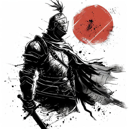 Monochromatic tattoo sketch in a clipart style depicting the iconic Solaire of Astora from Dark Souls
