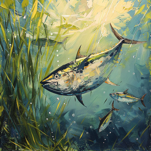 Yellowfin tuna cruising through sea grass meadows