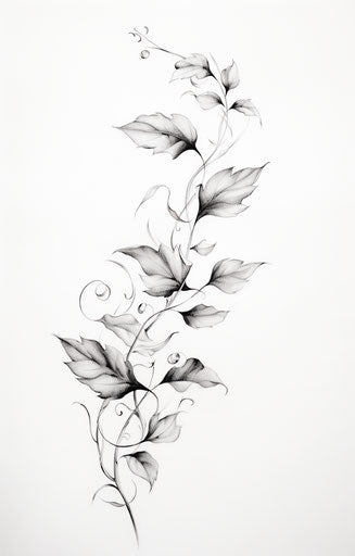 Vine and leaf tattoo design, light black and white style, small brushstrokes