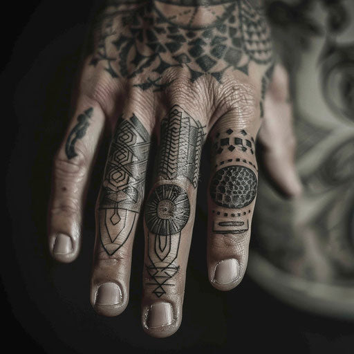 Finger tattoos for men in the style of Ami James featuring minimalist geometric shapes