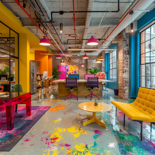 Creative coworking space with vibrant colors and artistic decor