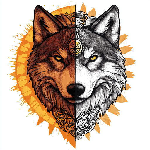 Wolf tattoo with mandala on white background