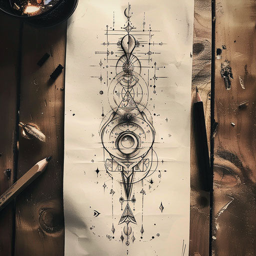 Contemporary flat tattoo sketch of a series of magical glyphs in a modern design