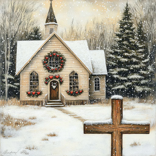 Rustic country church with heart-shaped wreaths on windows, wooden cross and snow-covered ground