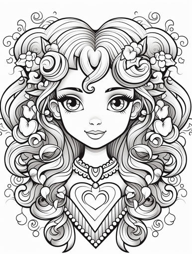 Adorable unicorn girl and heart coloring page, sparklecore style