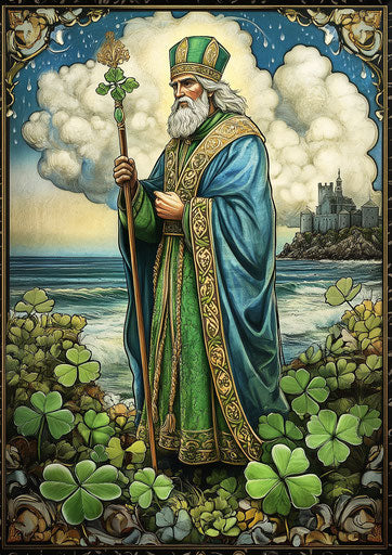 Saint Patrick in green and blue robes in front of an Irish castle