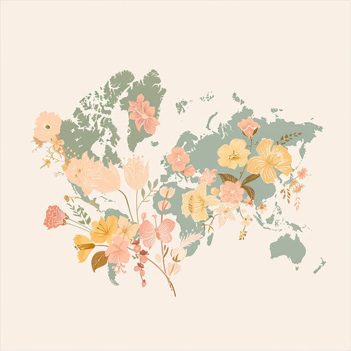 Elegant floral-inspired map logo with continents and islands forming a bouquet