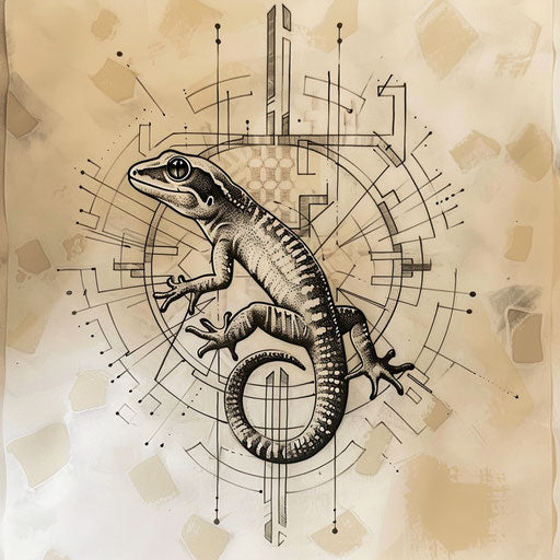 Flat tattoo sketch inspired by art deco with a gecko framed by geometric accents