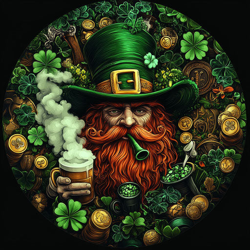 Irish celebration with leprechauns, gold coins, and beer