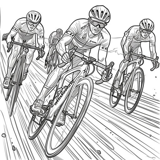 Bike race toward finish line. Coloring book page