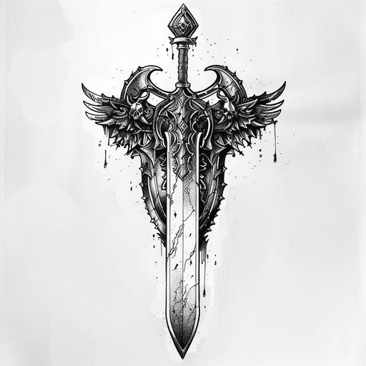 Dark Souls inspired tattoo sketch with detailed sword and shield in bold, flat style