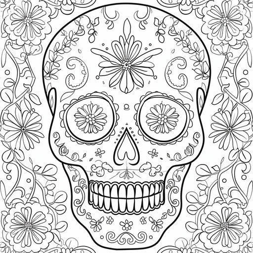 Intricate sugar skull with flowers and patterns for Day of the Dead. Coloring page