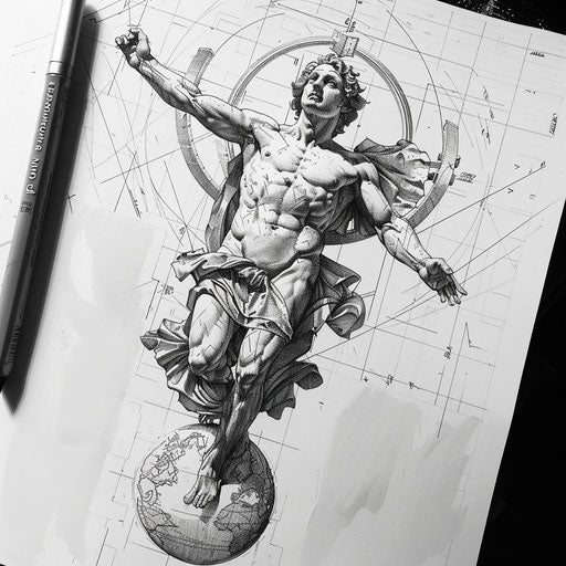 Mythical flat tattoo sketch of Atlas balancing the world