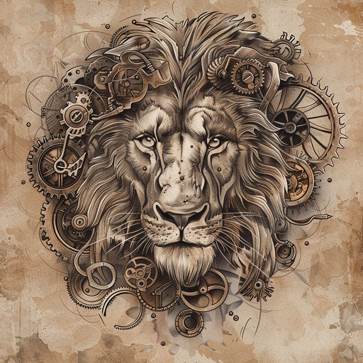 Steampunk tattoo sketch of the Lion of Judah, flat design featuring mechanical gears and bronze tones