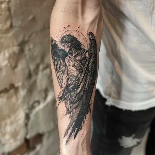 Forearm tattoo for men with a dark angel