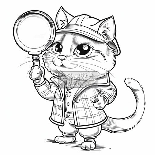 Cartoon cat detective solving a mystery with a magnifying glass. Coloring book page