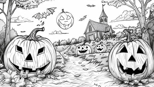 Halloween coloring pages with pumpkins and jack olanterns, in the style of lush landscape backgrounds, Ilford Pan F, architectural, sketchy 37:21