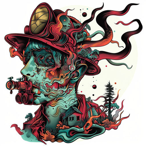 Firefighter in tattoo style in surreal setting