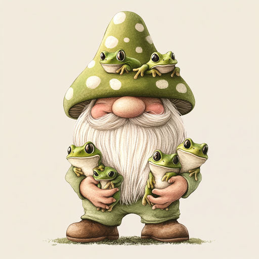 Cute green mushroom gnome with baby frogs