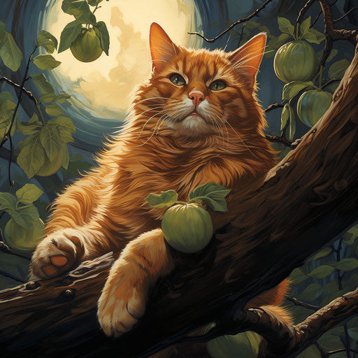 Orange cat laying on a tree branch
