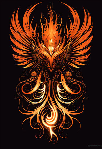 Tribal phoenix tattoo design, whimsical and eerie symbolism