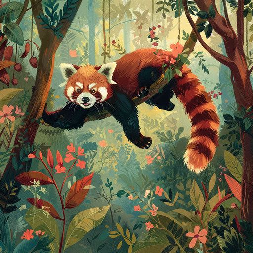 Playful red panda leaping in vibrant rainforest
