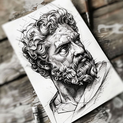 Bold flat tattoo sketch of a stoic Marcus Aurelius face with strong, impactful shading