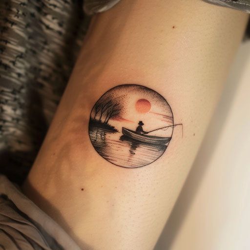 Classic sunset tattoo with fishing boat