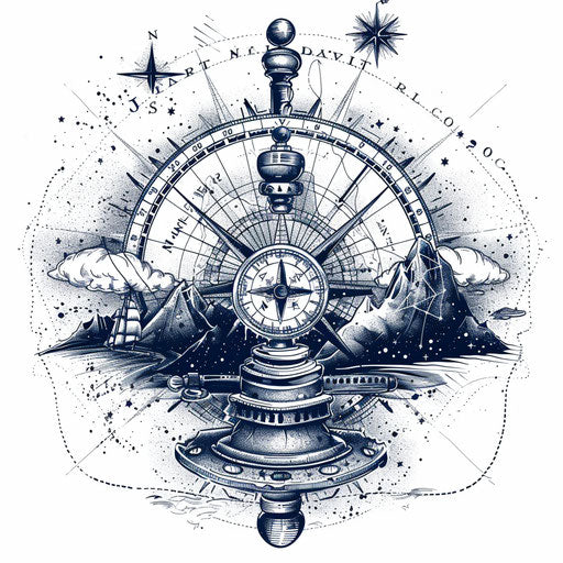Nautical tattoo of celestial navigation with stars and sextant