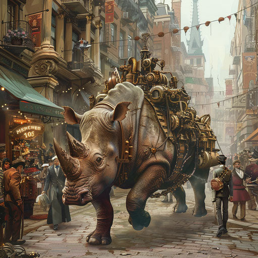 A steampunk rhino with mechanical enhancements walking through a bustling Victorian-era city