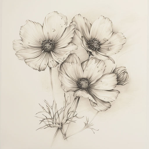 Realistic tattoo sketch of dew-covered cosmos flowers in soft morning light, capturing the delicate nature of October birth flowers