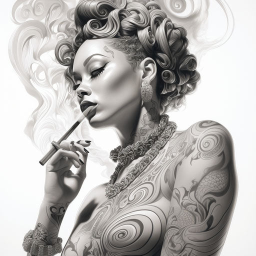 Black and white drawing of a woman smoking a cigar