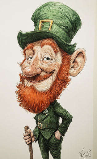Full-body caricature of an Irish leprechaun with ginger hair, wearing a green top hat and holding a walking stick, on white background