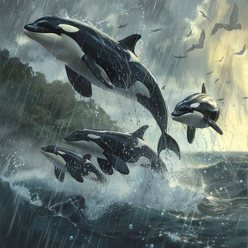 Dance of orcas in tropical monsoon rain