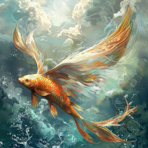 Mythical fish with wings, gliding through water and skies