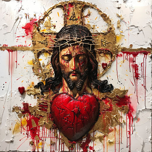 Artistic portrayal of the Sacred Heart of Jesus surrounded by thorns, vibrant red and gold colors on white background.