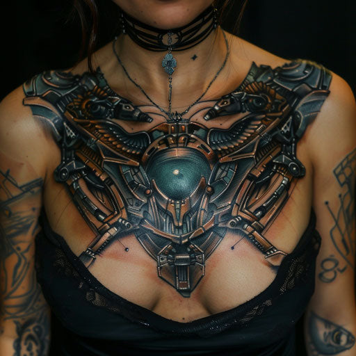 Futuristic chest tattoo for women with cyber enhancements