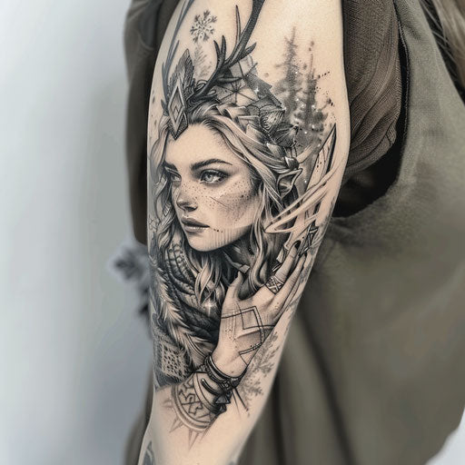 Tattoo of Skadi, Norse goddess of winter, on snowy white backdrop