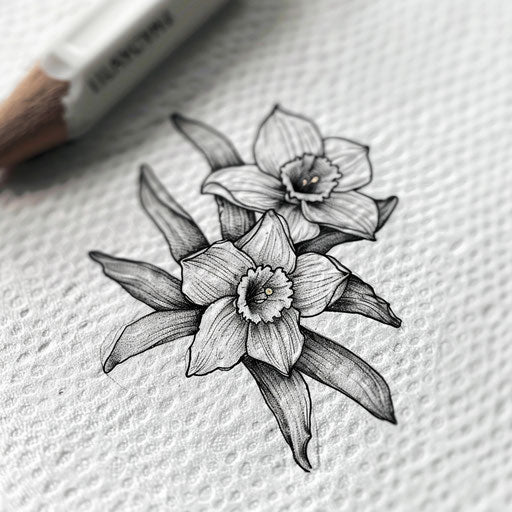 Detailed sketch of narcissus flower tattoo in black and white on textured white paper background