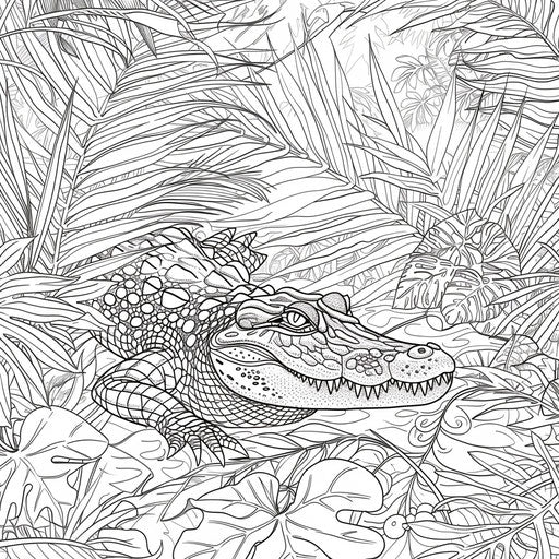 An adventurous alligator exploring a dense jungle with exotic plants. Coloring book page