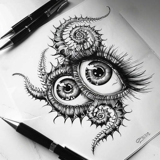 Surreal tattoo sketch of venomous eyes