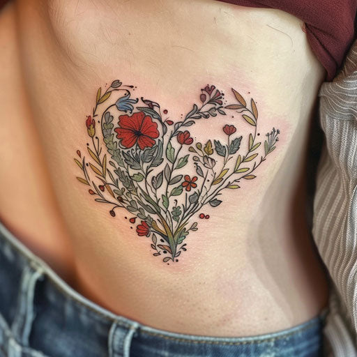 Wildflower heart tattoo, entwined stems, rich reds and greens, romantic style