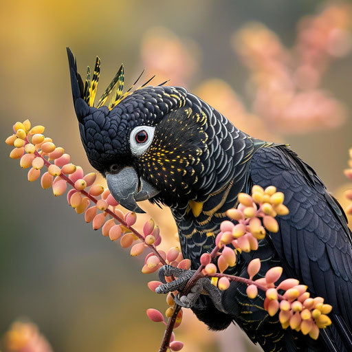 Black cockatoo with yellow tail feeding on native seeds