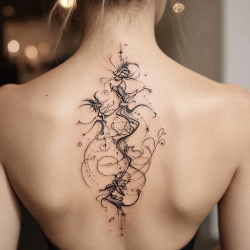 Female back tattoo in the style of Humberto Ramos with playful dancing fantasy creatures