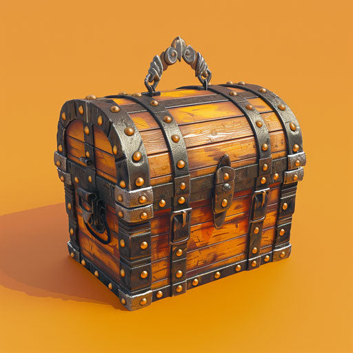 Realistic treasure chest on sunset orange background